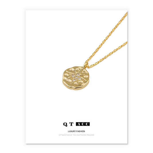 European and American delphes Polaris coin button pendant necklace ins octagram plated 18K real gold collarbone chain