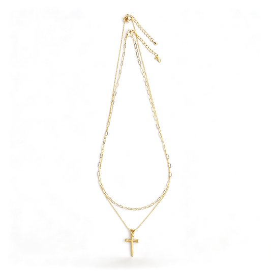 Dual lobster clasps and extension chains on 18k gold plated brass layered necklace set