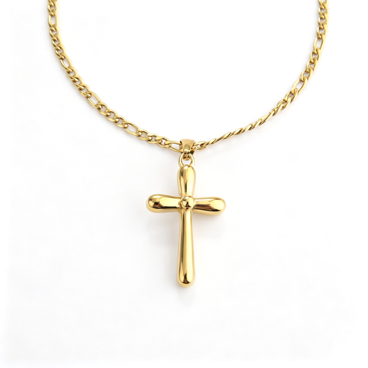 Frontal view showcasing the smooth, rounded 18k gold plated cross pendant suspended on a gold chain.