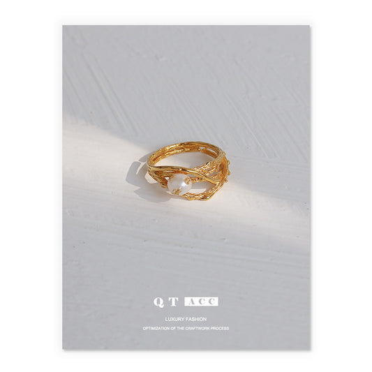 High color retention brass electroplated real gold/natural real pearl/gold foil, retro Internet celebrity bird's nest line jewelry ring
