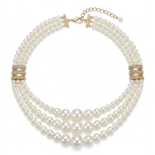 Studio product shot of the 3-strand retro pearl statement choker with real gold-plated rhinestone bars and an adjustable lobster clasp, isolated on white background.
