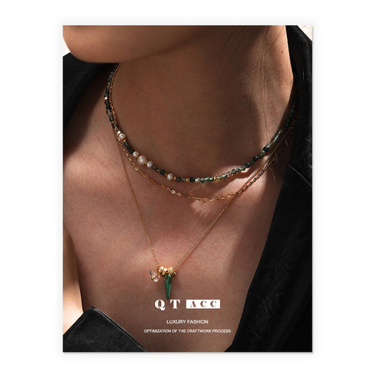 European and American cross-border fashion versatile exquisite stacking wearing light luxury green ghost natural real pearl natural stone beaded necklace