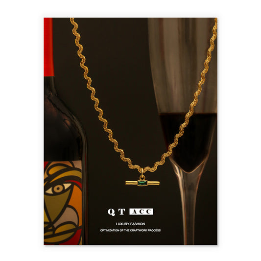 Brass plated with 18K real gold, Korean niche retro style curved chain design emerald zircon necklace female autumn and winter