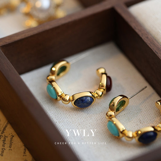 European and American medieval light luxury earrings, French retro ethnic style multi-colored natural stone surrounding C-shaped earrings, new women