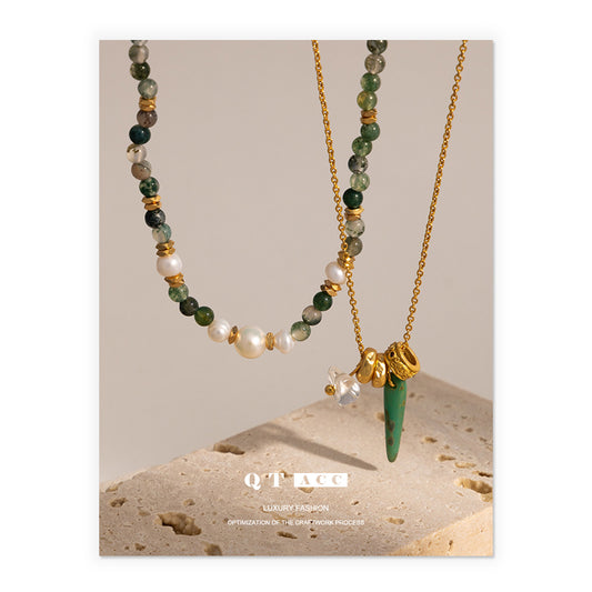 European and American cross-border fashion versatile exquisite stacking wearing light luxury green ghost natural real pearl natural stone beaded necklace