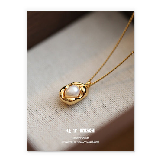 Brass plated with 18K real gold, French light luxury temperament simple and versatile pea natural pearl pendant necklace women