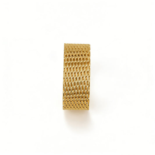Adjustable irregular gold ring with a fluid molten texture.