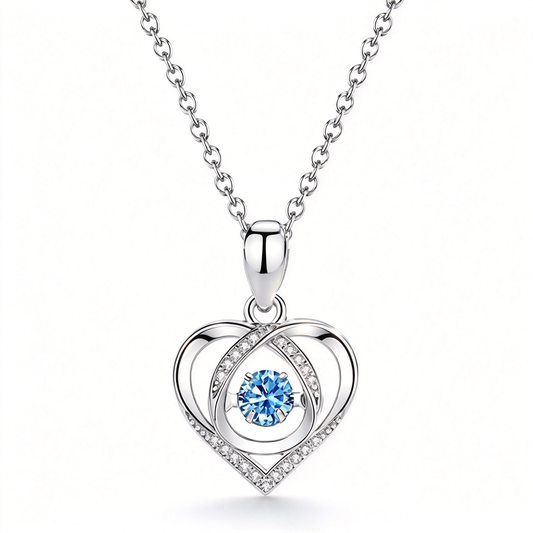 Blue heart halo pendant necklace with a layered heart outline and blue center accent, shown on a white background.