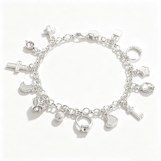 Overhead view of a complete sterling silver charm bracelet for women laid out in a perfect circle, displaying all 13 pendants.