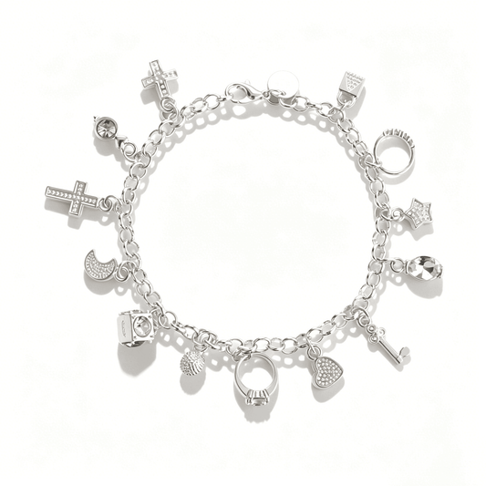 A direct overhead shot of a rolo chain charm bracelet for women, perfect for showing the full layout of custom charms.