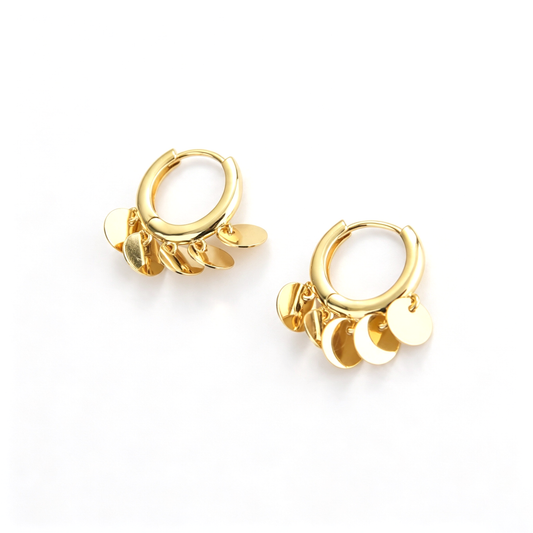 Front view of hoop earrings showing the layered round disc charms