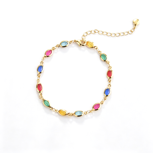 Colorful chain bracelet with multicolor oval accents and gold-tone links