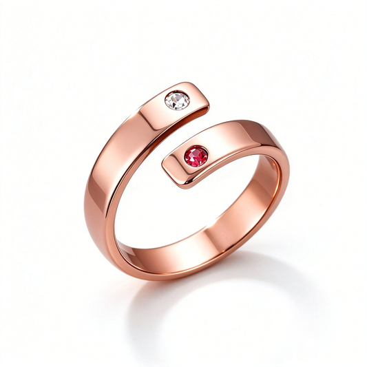 Custom engraved open wrap ring with two decorative accents in a rose-tone finish.