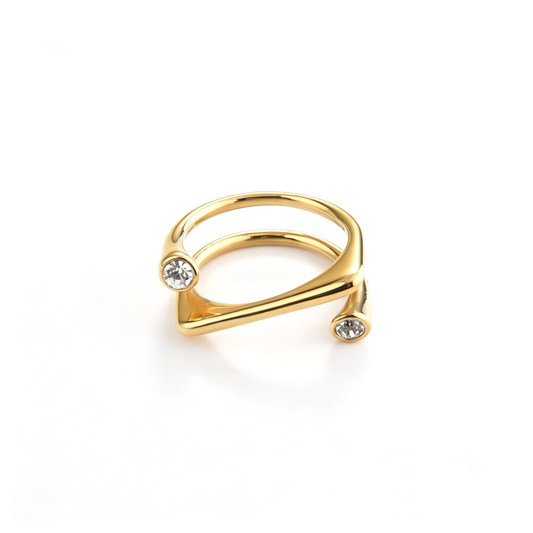 Dual band cuff ring shown from an angled front view with round clear accents