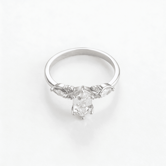 Detailed profile of the V-shaped stackable ring, defining modern poise and independent luxury.