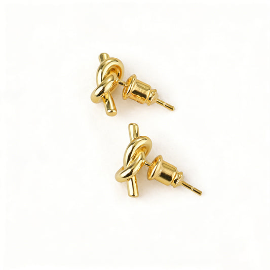 Ever P. gold knot stud earrings for women, minimalist intertwined design with a high-shine finish.