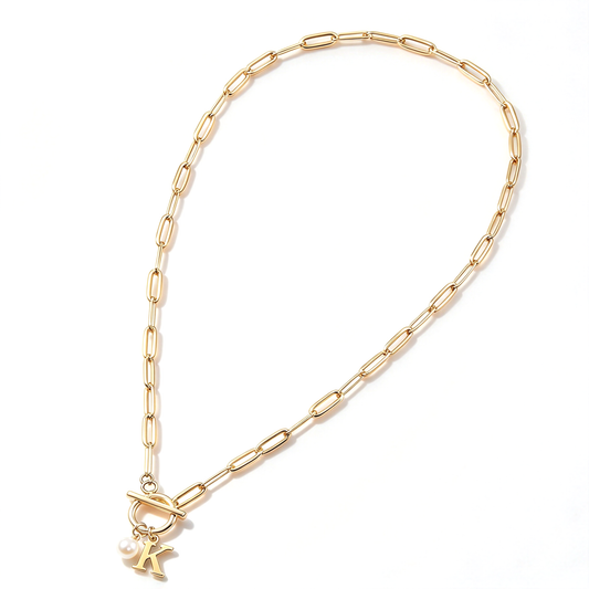 Initial toggle necklace with an elongated link chain and decorative letter charm, displayed on a white background.
