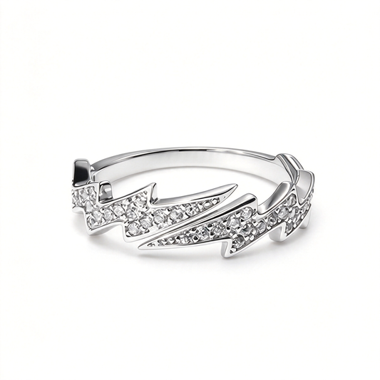 Side view of a lightning bolt ring showing the curved band and raised angular design.