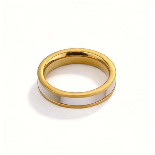 Ever P. mother of pearl rings for women, featuring a natural shell inlay in 18k gold plated stainless steel.