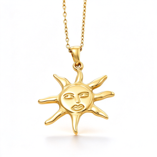 Sun face pendant necklace with a sculpted facial design and radiating rays