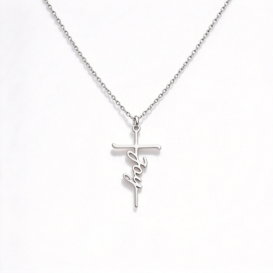 Front view of a slim cross pendant with integrated cursive lettering and a delicate chain.