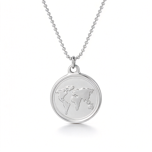 World map pendant necklace with a round map design on a plain white background.