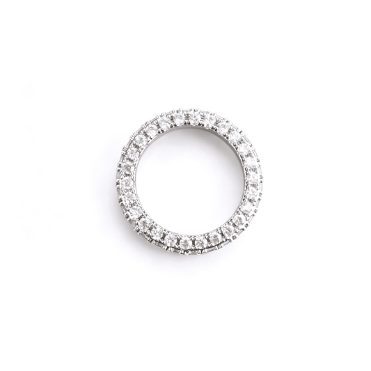 Side perspective of the Ever P. 3-sided pave ring highlighting the triple-row micro cz stones on a gold eternity band.