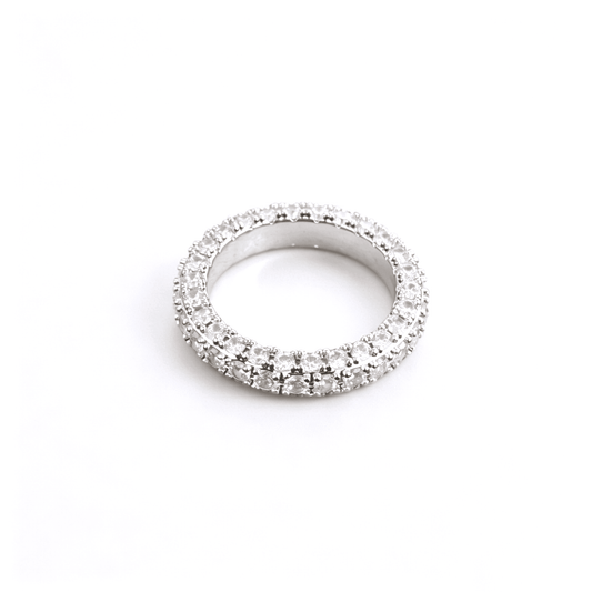 Detailed finger-wearing lifestyle shot showcasing the quiet luxury stacking potential of the sparkly pave ring.