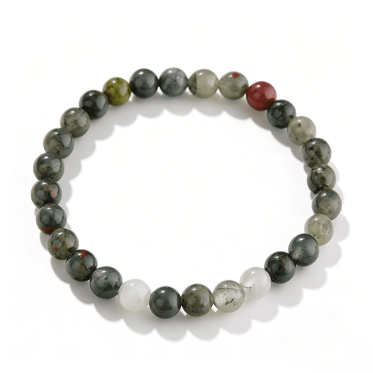 A detailed view of the handmade Indian agate crystal bracelet with earthy forest tones.