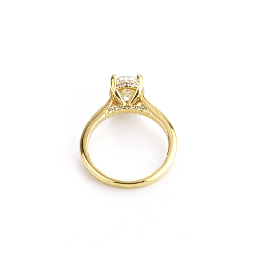 Front view of Ever P. oval solitaire engagement ring featuring a 5A cubic zirconia stone on a 14K gold band.