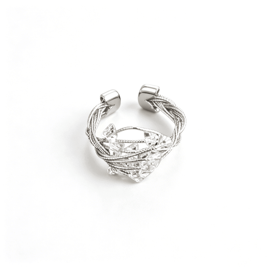 High-definition close-up of the adjustable ring structure, highlighting the premium polished finish and pave rhinestones.