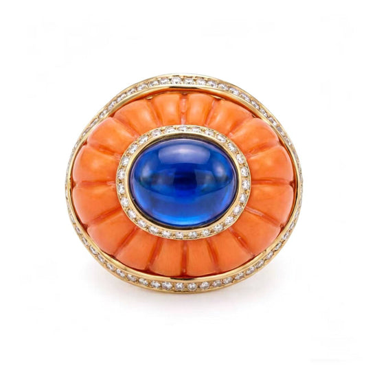 Modeled look showcasing a multi-color stack of chunky ribbed rings in black and orange for a bold vintage rings statement.