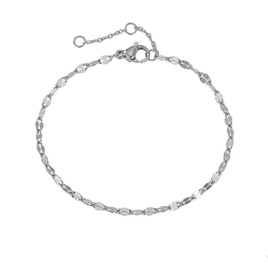Silver stainless steel flat link bracelet with lobster clasp on white