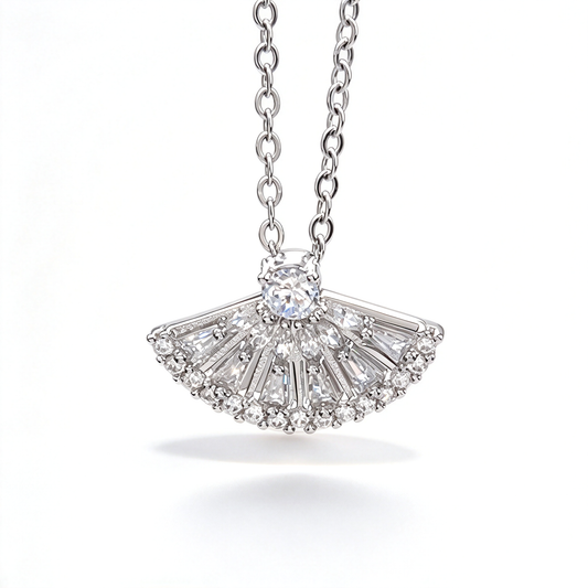 Fan pendant necklace with a radiating design and clear decorative accents on a white background.