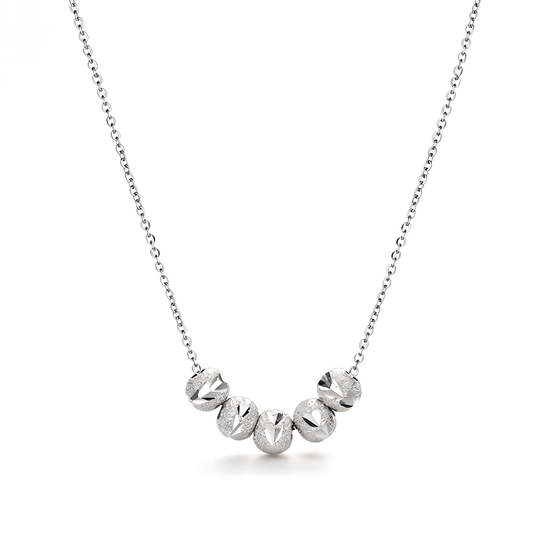 Geometric bead necklace with five rounded decorative beads shown against a white background.