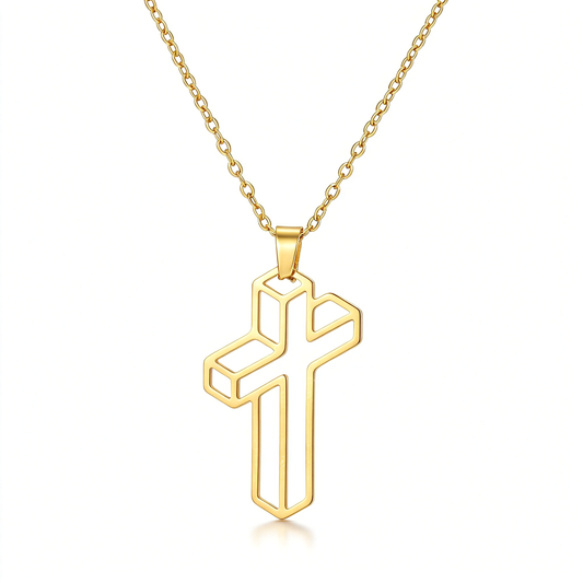 Geometric cross pendant necklace displayed against a clean white background.