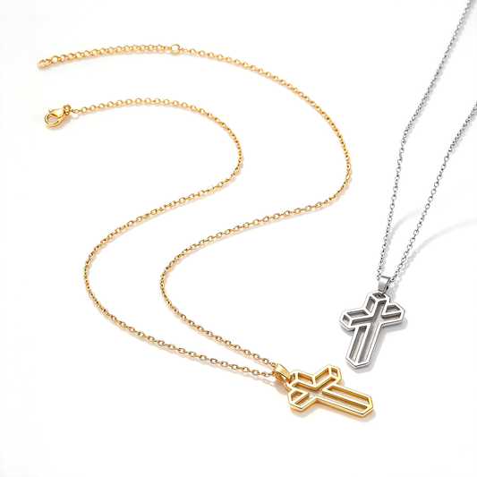 Gold-tone and silver-tone cross necklaces arranged diagonally to show the chains, clasps, and pendant designs.