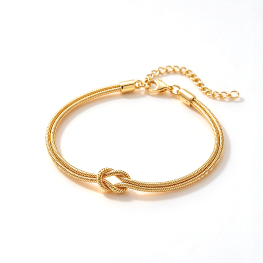 Gold-tone love knot bracelet featuring a double-strand band and decorative knot detail.