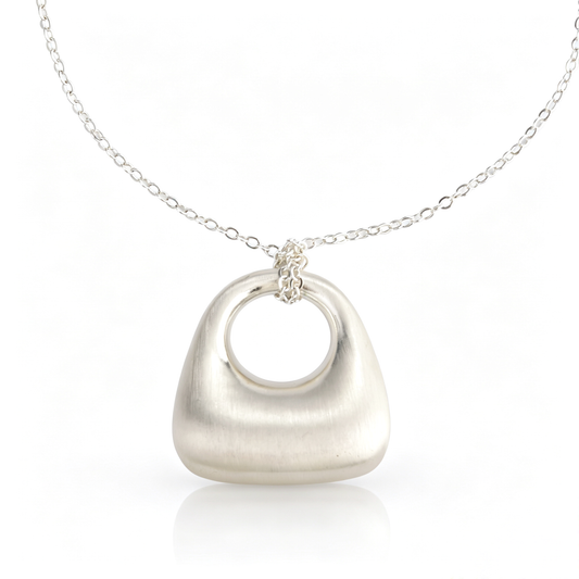 Front close-up of 2.2x2.3cm brushed silver hollow geometric alloy pendant