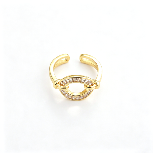 Horseshoe cuff ring shown from a front angled view with clear decorative accents