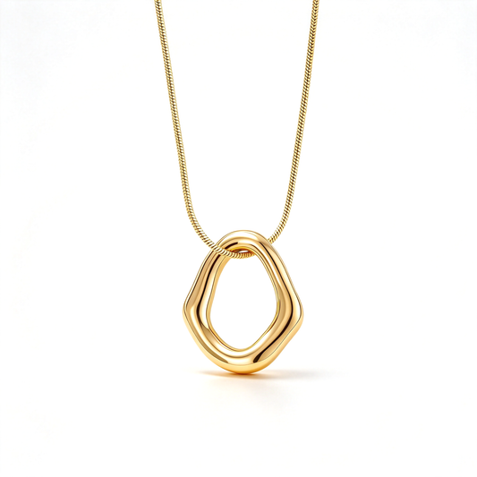 Gold-tone open-loop geometric pendant necklace displayed on a white background.