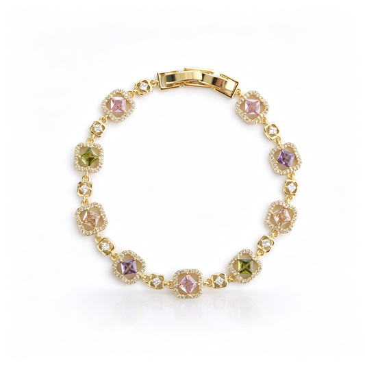 Full top-down view of a multicolor cubic zirconia halo link bracelet arranged in a circle.