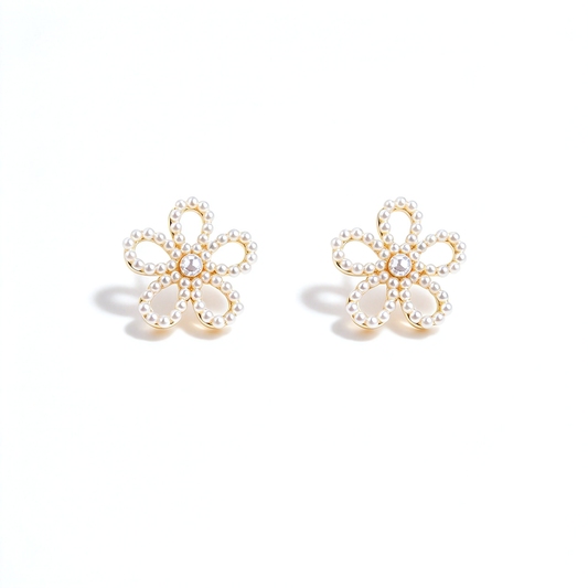 Pearl flower stud earrings shown as a matching pair against a white background.