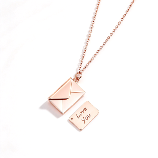 Personalized envelope pendant necklace with an open envelope design and a separate Love You message tag.