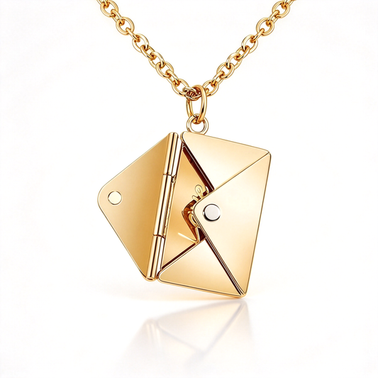 Gold-tone envelope pendant shown open, highlighting its angular folded panels and central hinge.