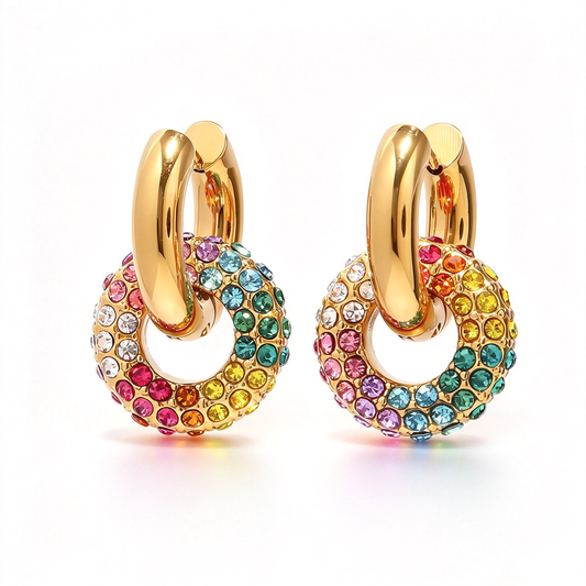 Colorful rhinestone hoop drop earrings with circular accents shown from the front.
