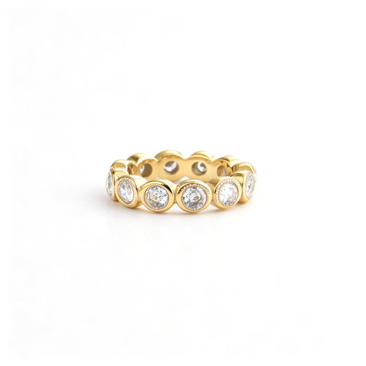 Round band ring shown from a low front angle with repeated raised circular details