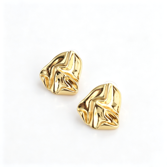 Front view pair of gold-tone sculptural stud earrings with organic crumpled texture