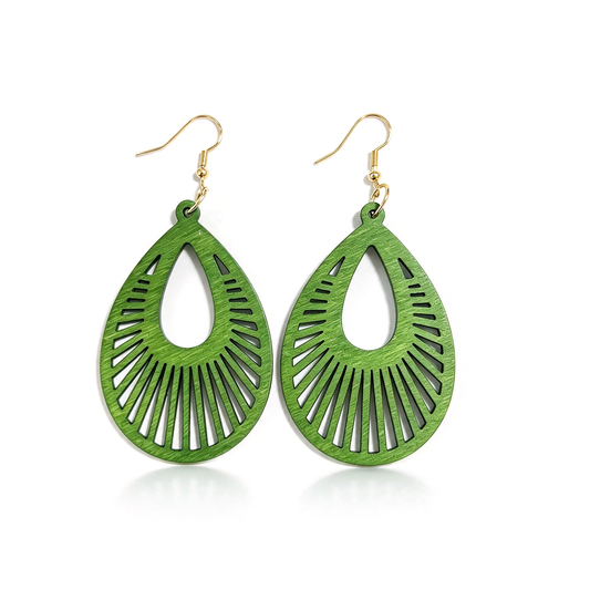 Green sunburst teardrop dangle earrings shown as a matching pair on a white background.