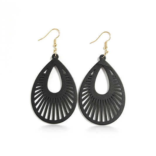 Black sunburst teardrop earrings displayed as a matching pair, showing the open center and radiating cutouts.
